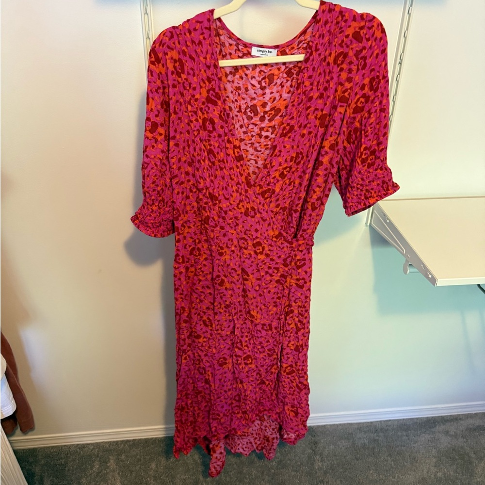 Simply Be Vibrant Pink and Orange leopard print wrap midi dress in size 26